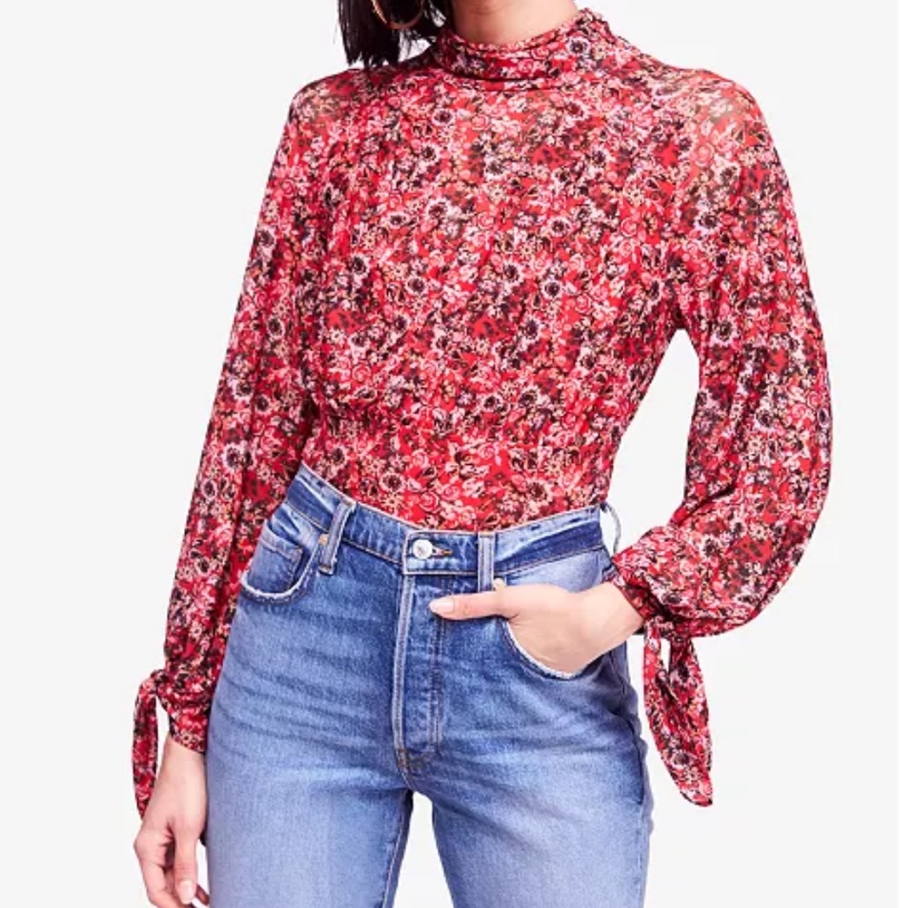 Free People Red Floral Long-Sleeve Tie Cuff Blouse